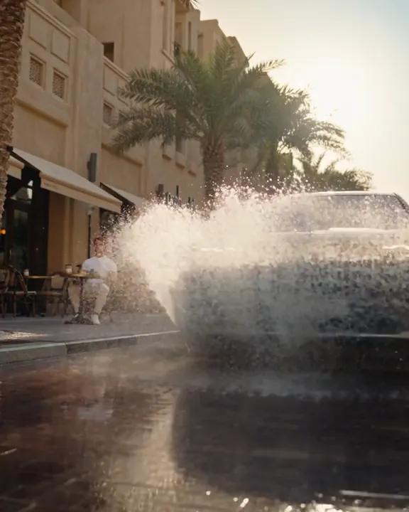 A car throws up a splash on a palm-lined street