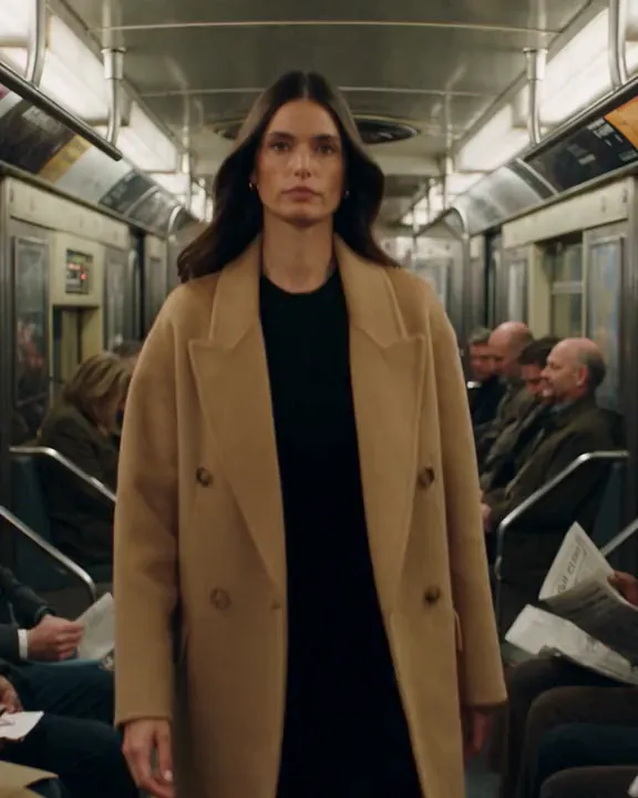 A camel coat in a subway car