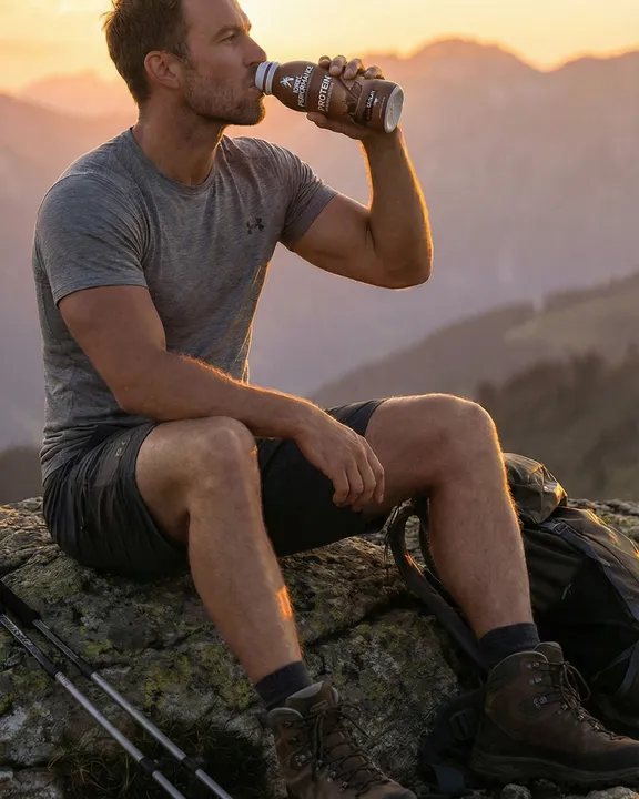 A hiker with a shake on a mountain top at sunset