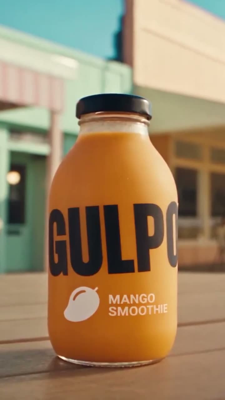 Source reel: a GULPO mango smoothie on a café table, a walk past the terrace, then a close-up with the bottle